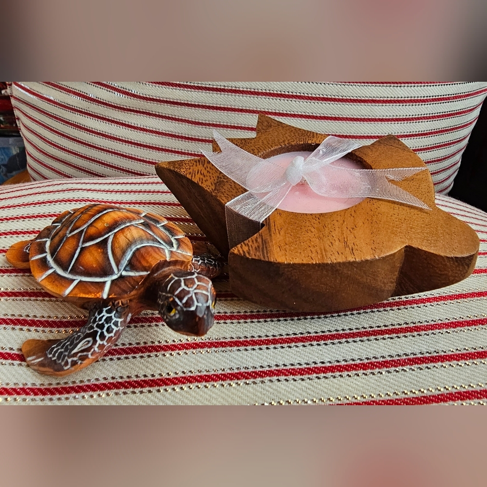 Wooden Turtle and Candle Holder with Pink Candle